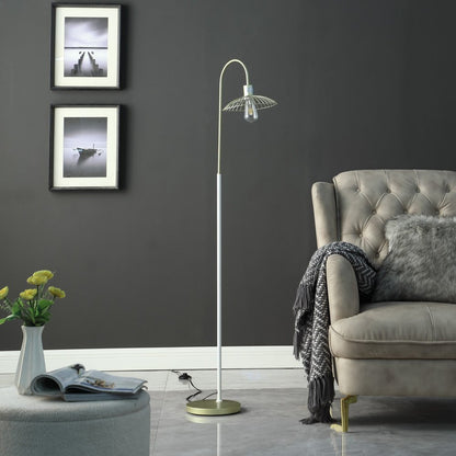 64" Gold And White Arched Floor Lamp With Gold Metal Cage Shade