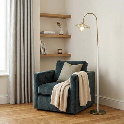 64" Gold And White Arched Floor Lamp With Gold Metal Cage Shade