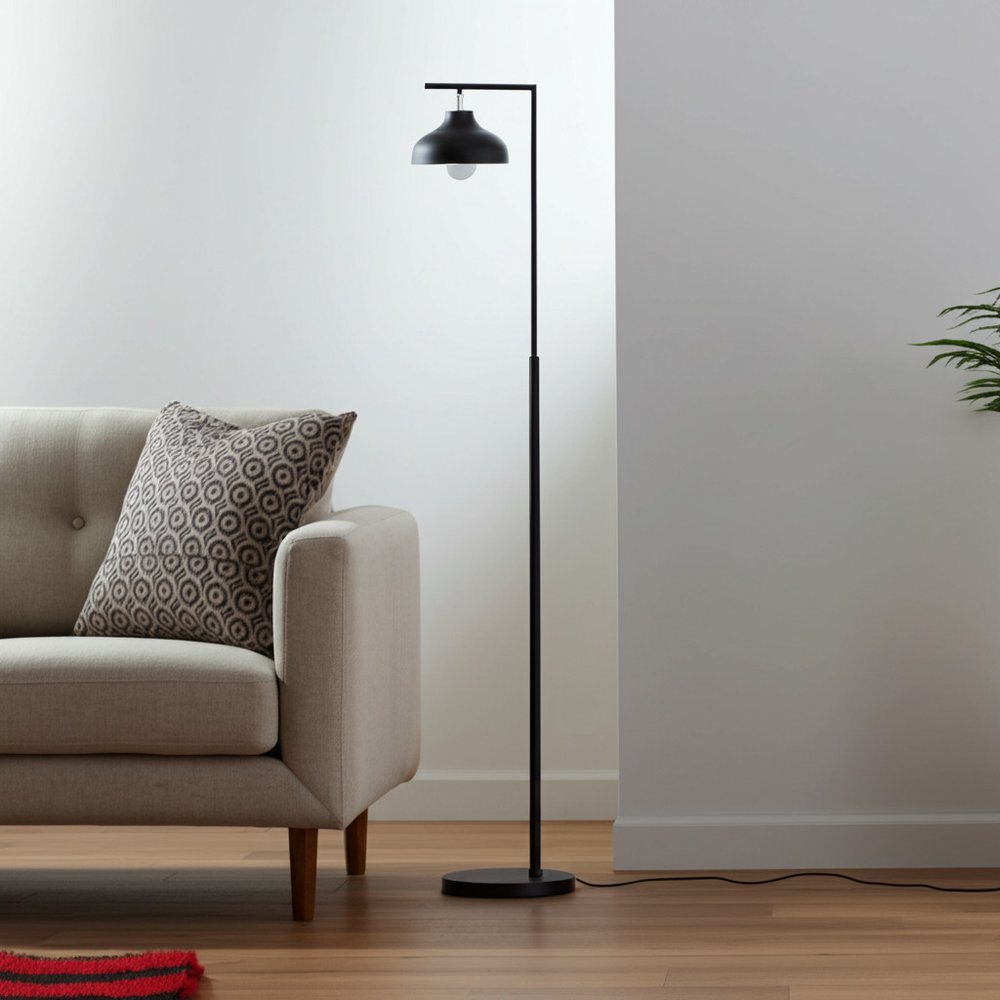 63" Black LED Arc Floor Lamp With Black Metal Bowl Shade