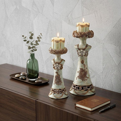 Set of 2 Beige And Brown Vintage Pillar Tabletop Candle Holders