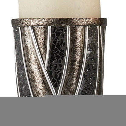 Set of Two Black Silver and Bronze Polyresin Abstract Centerpiece Pillar Candle Holders With Candle