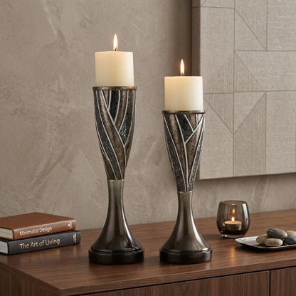 Set of Two Black Silver and Bronze Polyresin Abstract Centerpiece Pillar Candle Holders With Candle