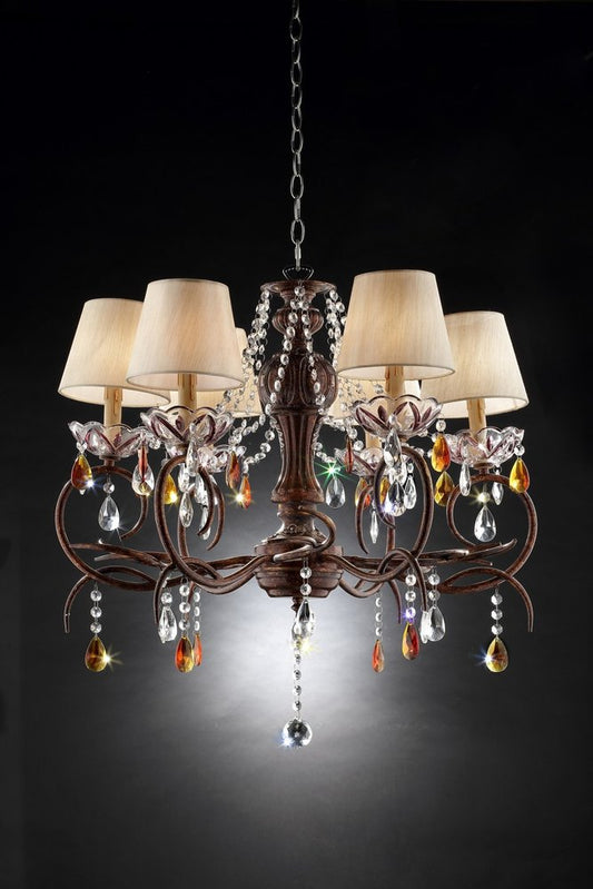 Brown And White Shaded Four Light Metal and Crystal Glass Chandelier With White Shades