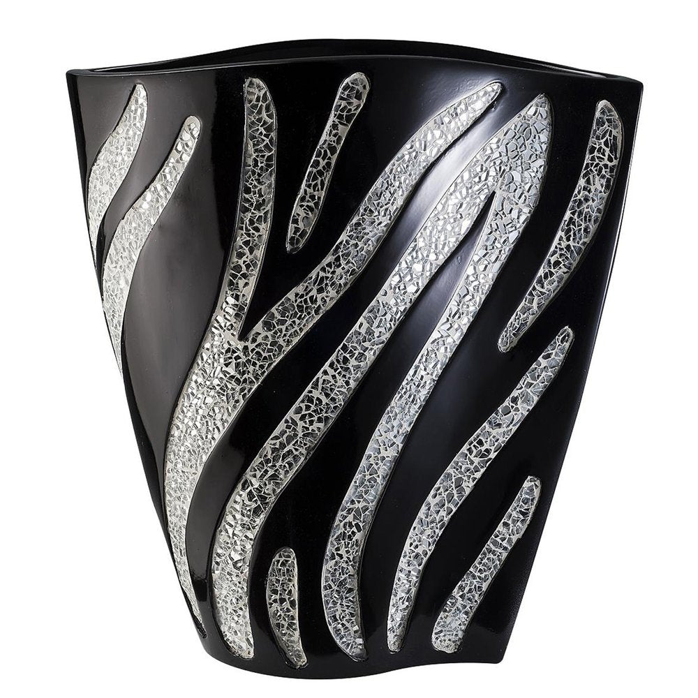 14" Black And Silver Striped Wavy Polyresin Table Vase