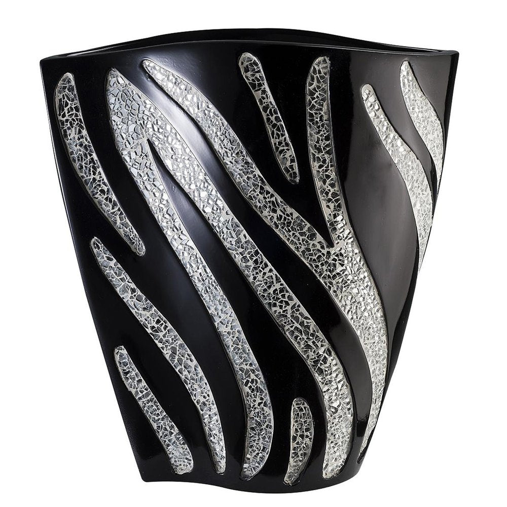 14" Black And Silver Striped Wavy Polyresin Table Vase