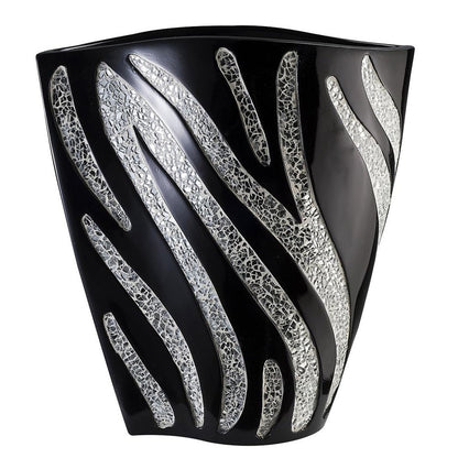 14" Black And Silver Striped Wavy Polyresin Table Vase