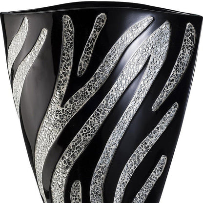 14" Black And Silver Striped Wavy Polyresin Table Vase