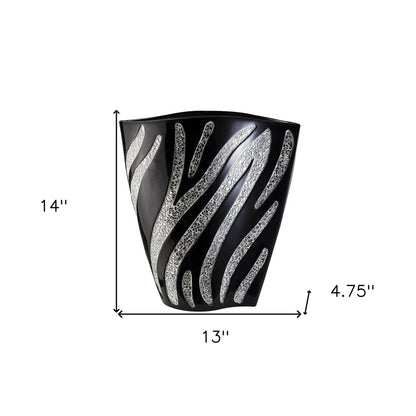 14" Black And Silver Striped Wavy Polyresin Table Vase