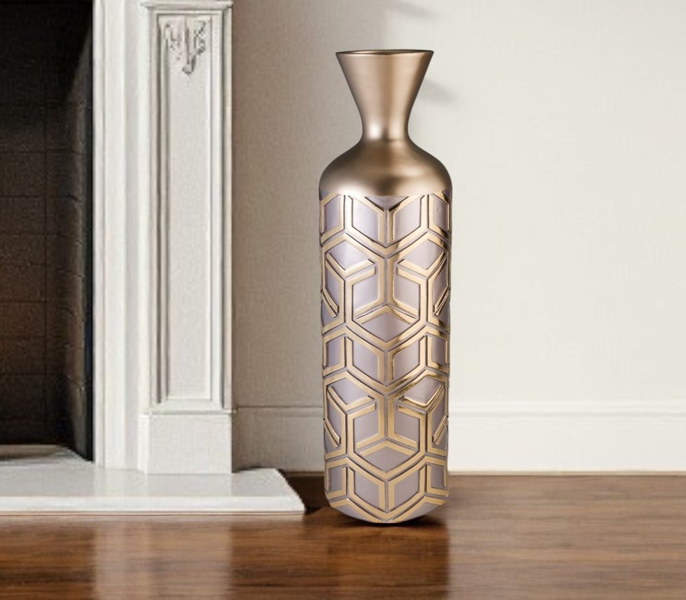 22" Rose Gold Geometric Cylinder Polyresin Floor Vase