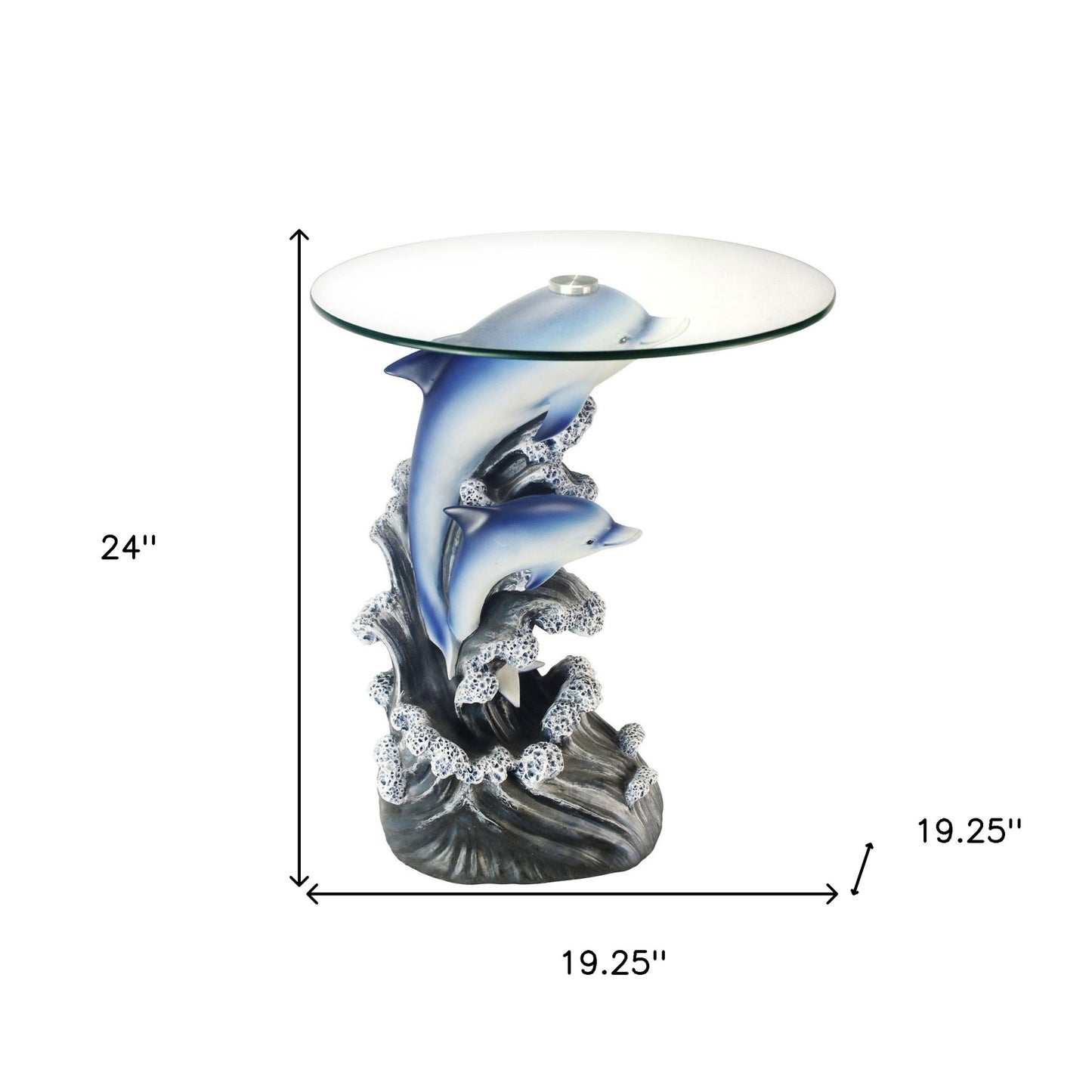 24" Clear And Blue Glass And Polyresin Round Figurine End Table