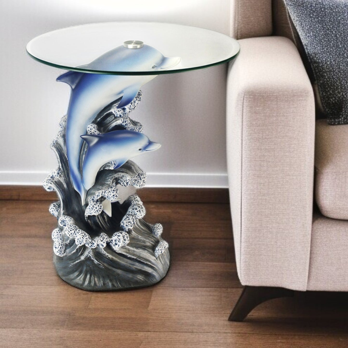 24" Clear And Blue Glass And Polyresin Round Figurine End Table