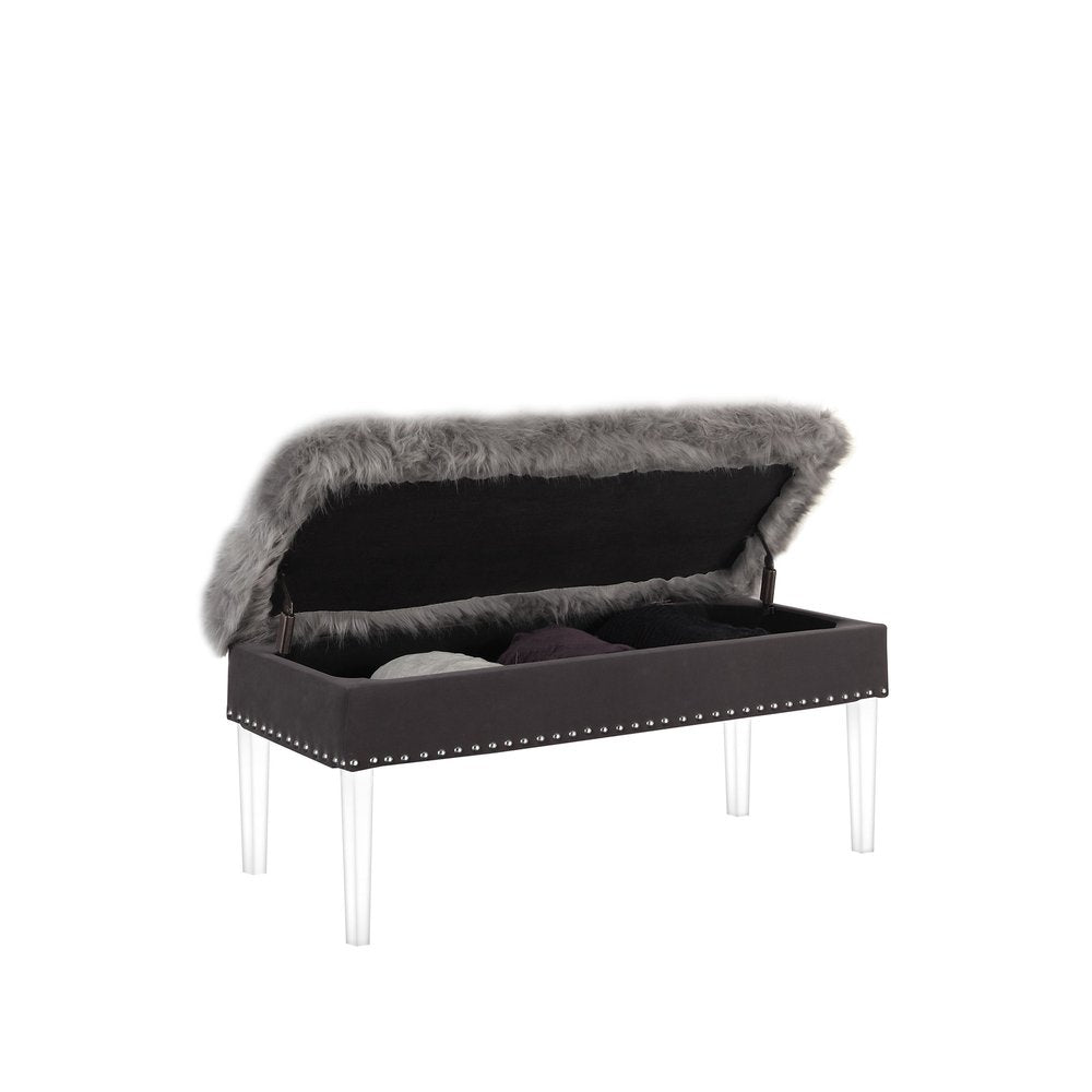 42" Gray And Clear Faux Fur And Acrylic Upholstered Storage Bench With Flip Top