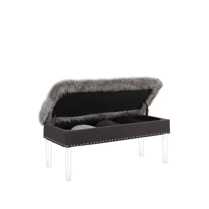 42" Gray And Clear Faux Fur And Acrylic Upholstered Storage Bench With Flip Top