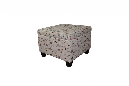 25" Tan Linen and Black Storage Ottoman