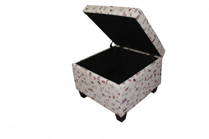 25" Tan Linen and Black Storage Ottoman
