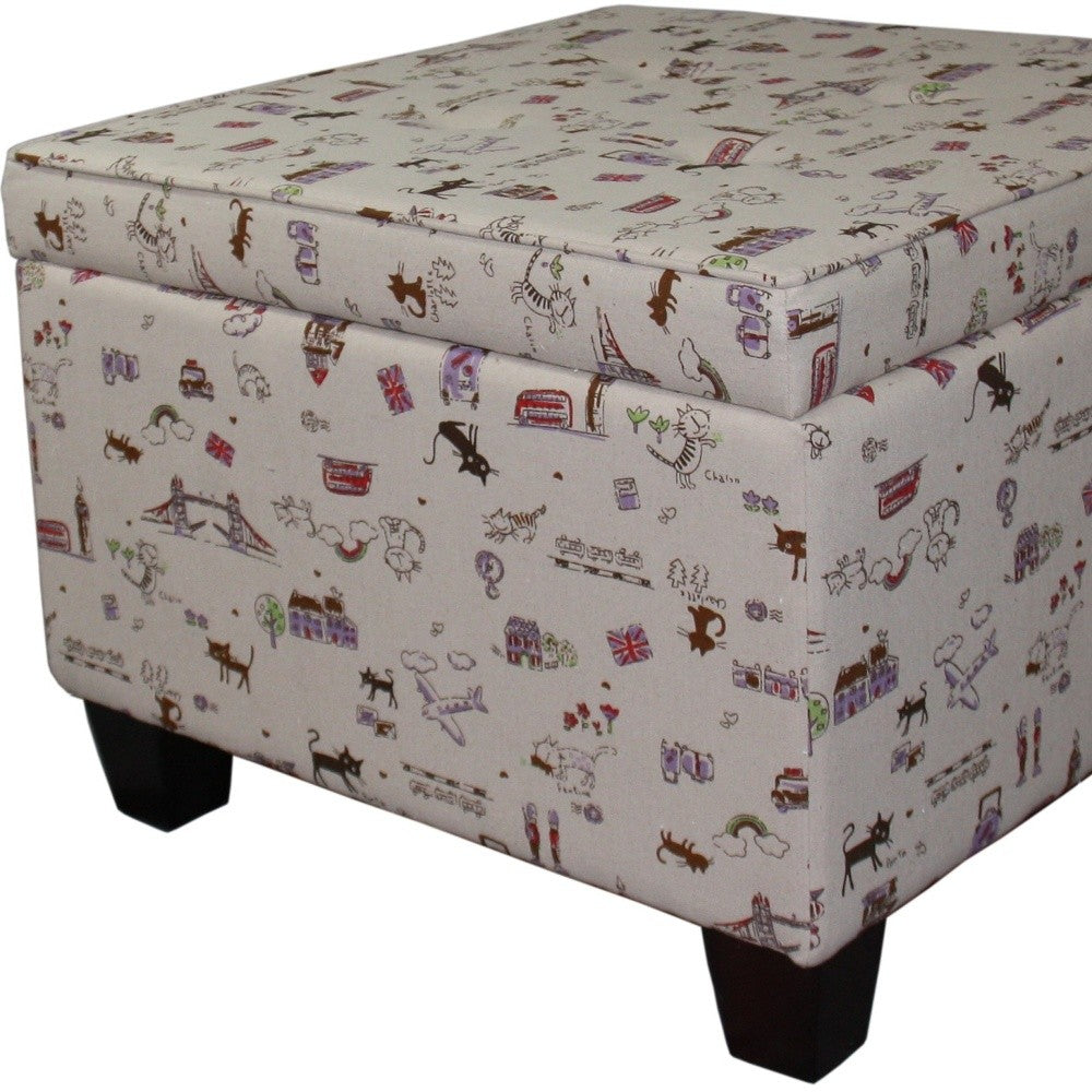 25" Tan Linen and Black Storage Ottoman