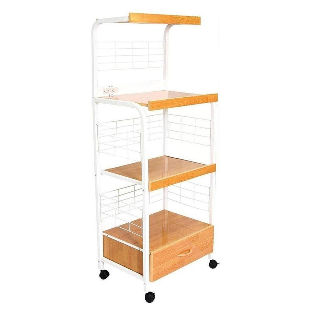 White and Natural 26" Rolling Kitchen Cart With Storage