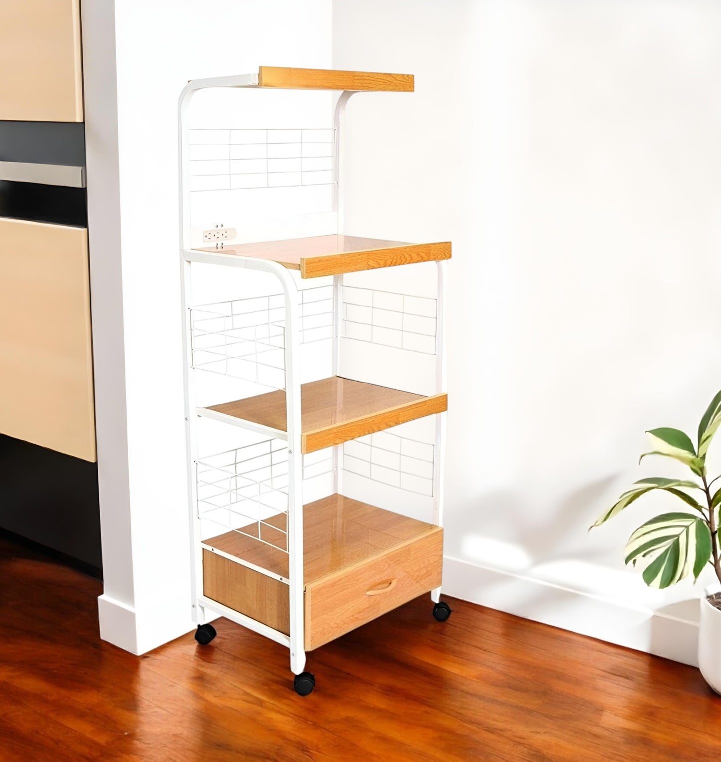 White and Natural 26" Rolling Kitchen Cart With Storage