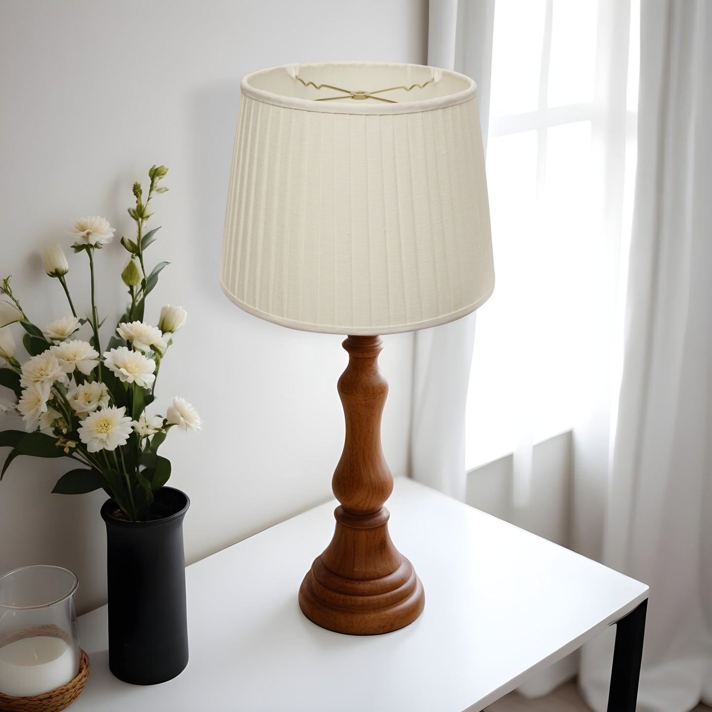20" White Linen Lampshade with Side Pleats