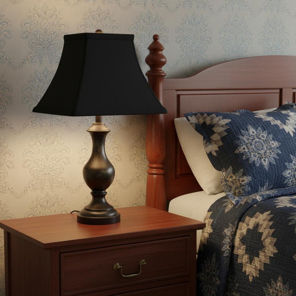 Black Shantung Silk Print Square Lamp Shade