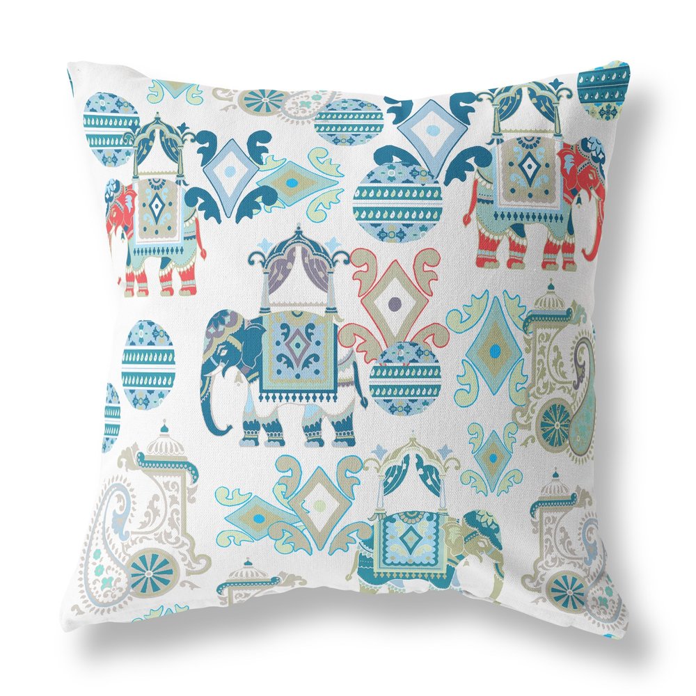 16" X 16" Blue and White Floral Indoor Outdoor Throw Pillow