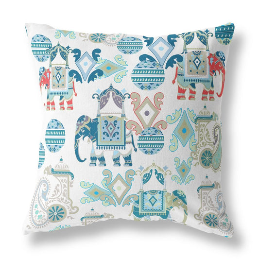 16" X 16" Blue and White Floral Indoor Outdoor Throw Pillow