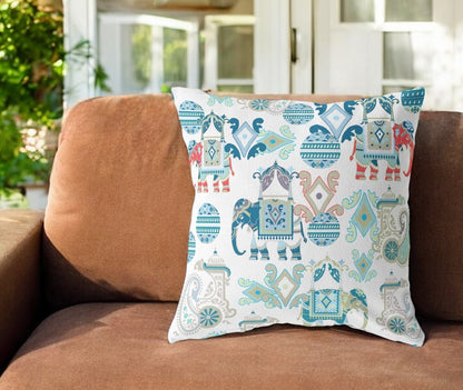 16" X 16" Blue and White Floral Indoor Outdoor Throw Pillow