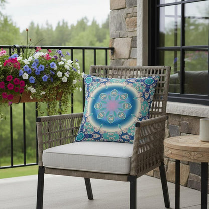 16" X 16" Blue And Turquoise Broadcloth Floral Throw Pillow