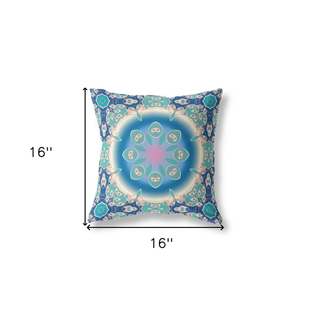 16" X 16" Blue And Turquoise Broadcloth Floral Throw Pillow