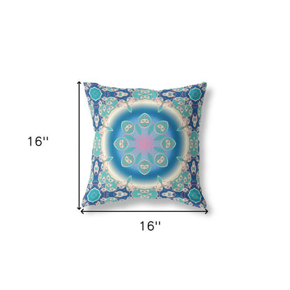 16" X 16" Blue And Turquoise Broadcloth Floral Throw Pillow