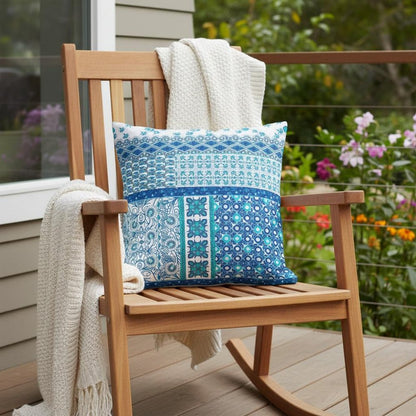 16" X 16" Blue And White Zippered Patchwork Indoor Outdoor Throw Pillow Cover & Insert