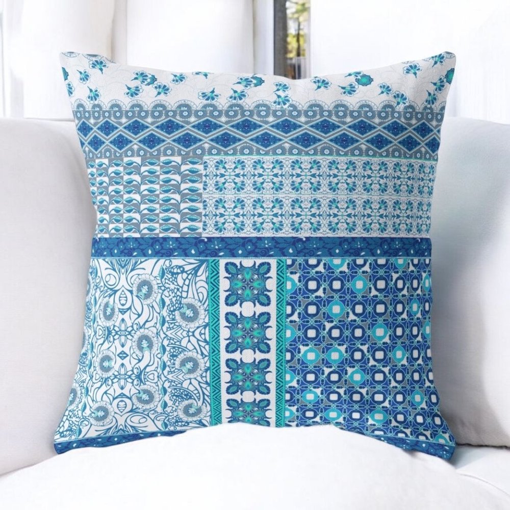 16" X 16" Blue And White Zippered Patchwork Indoor Outdoor Throw Pillow Cover & Insert