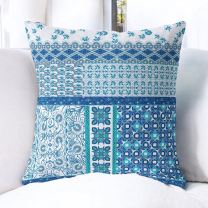 16" X 16" Blue And White Zippered Patchwork Indoor Outdoor Throw Pillow Cover & Insert