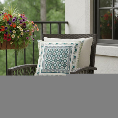 16" X 16" White And Green Broadcloth Floral Throw Pillow