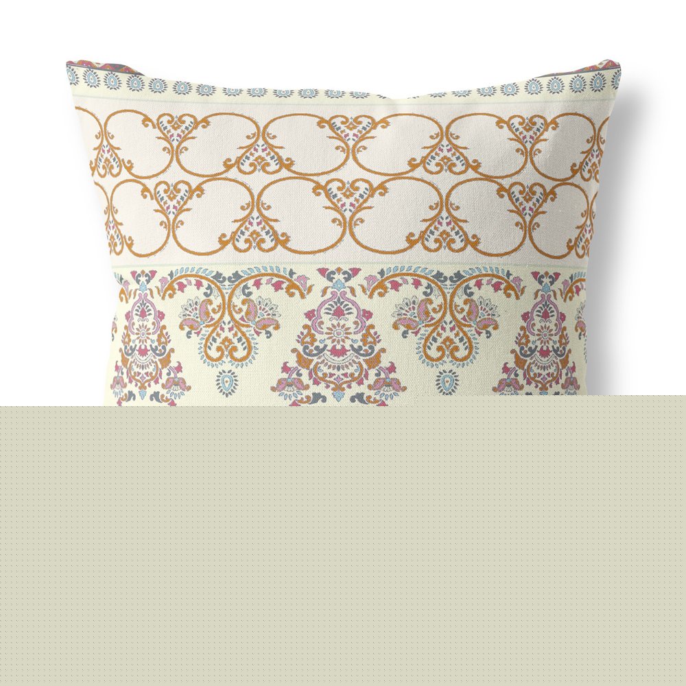16" X 16" Off White And Orange Broadcloth Floral Throw Pillow
