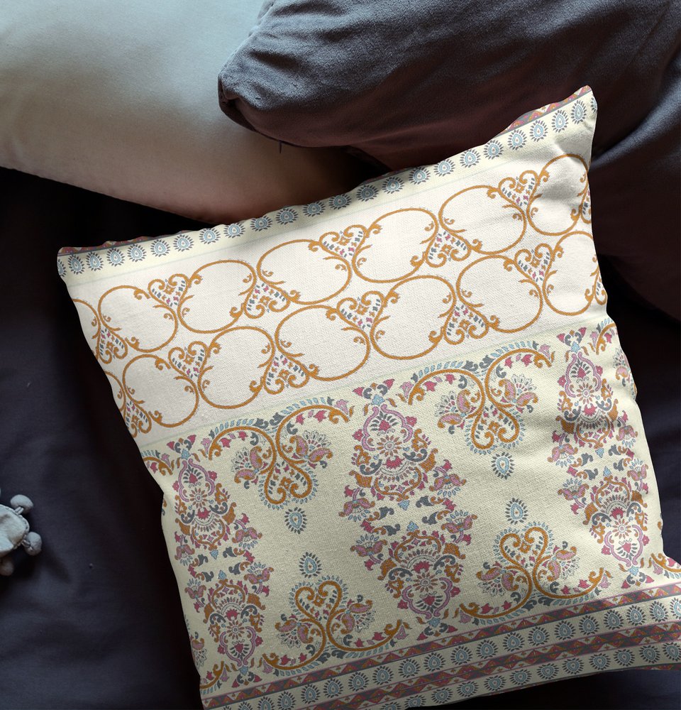 16" X 16" Off White And Orange Broadcloth Floral Throw Pillow