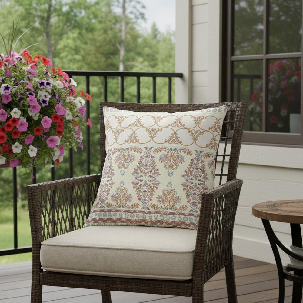 16" X 16" Off White And Orange Broadcloth Floral Throw Pillow