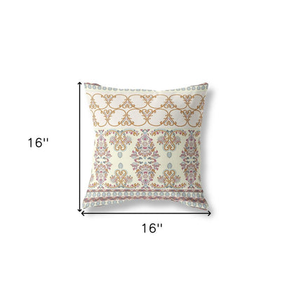 16" X 16" Off White And Orange Broadcloth Floral Throw Pillow