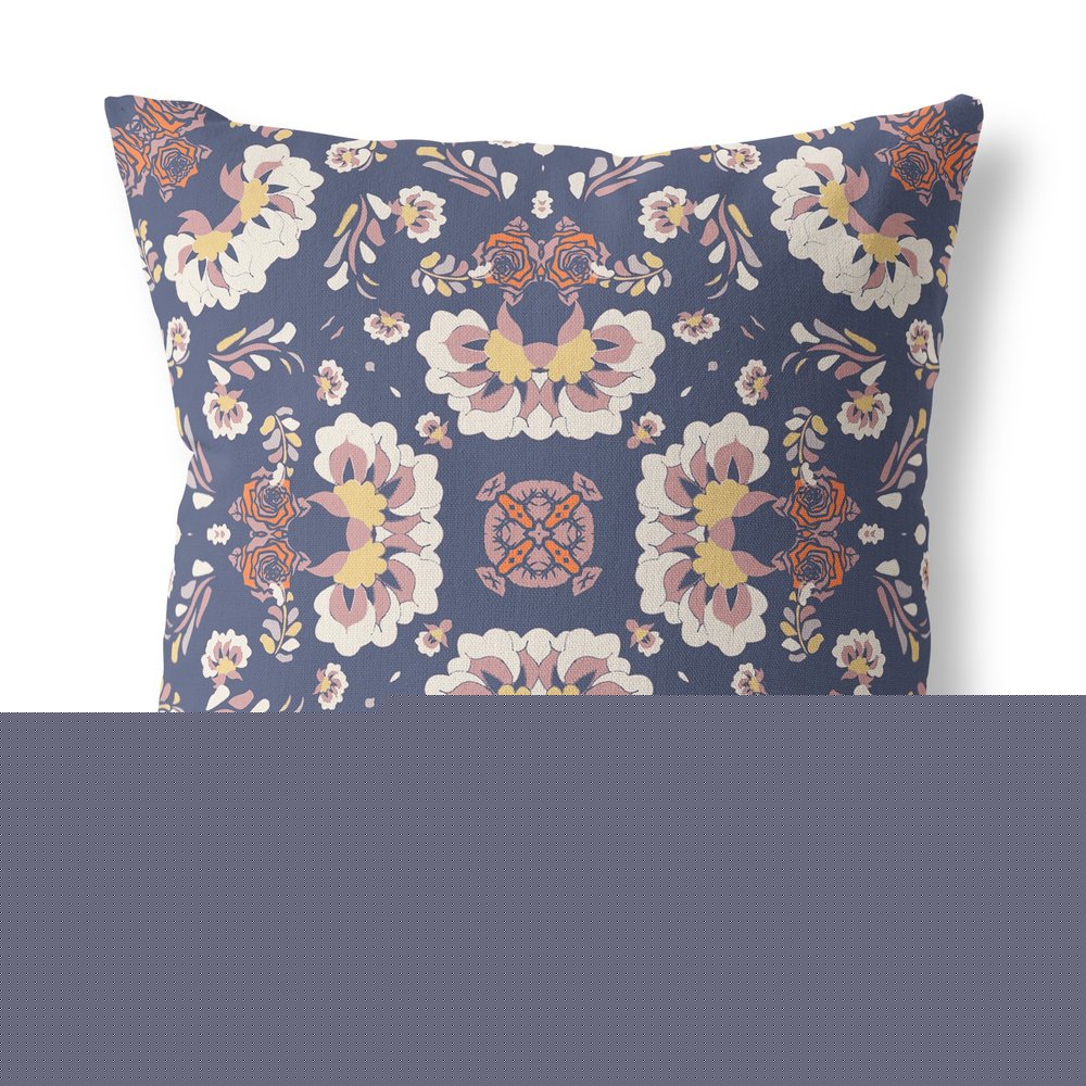 16" X 16" Blue And White Broadcloth Floral Throw Pillow