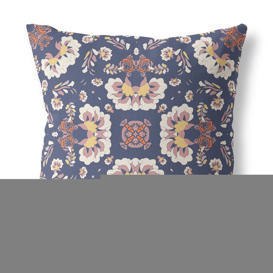 16" X 16" Blue And White Broadcloth Floral Throw Pillow
