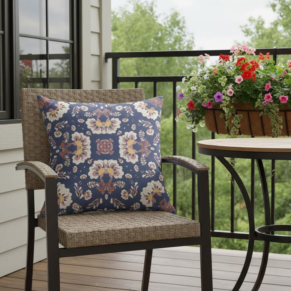 16" X 16" Blue And White Broadcloth Floral Throw Pillow