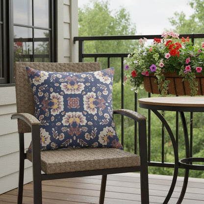 16" X 16" Blue And White Broadcloth Floral Throw Pillow