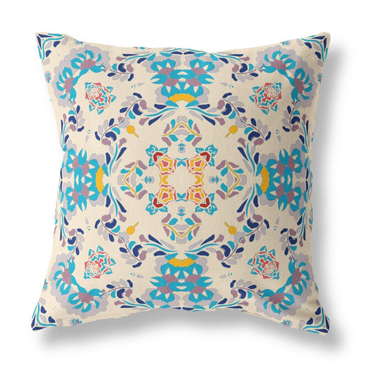 16" X 16" Off White And Blue Broadcloth Floral Throw Pillow