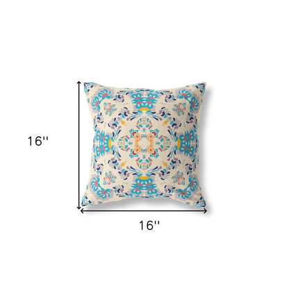 16" X 16" Off White And Blue Broadcloth Floral Throw Pillow