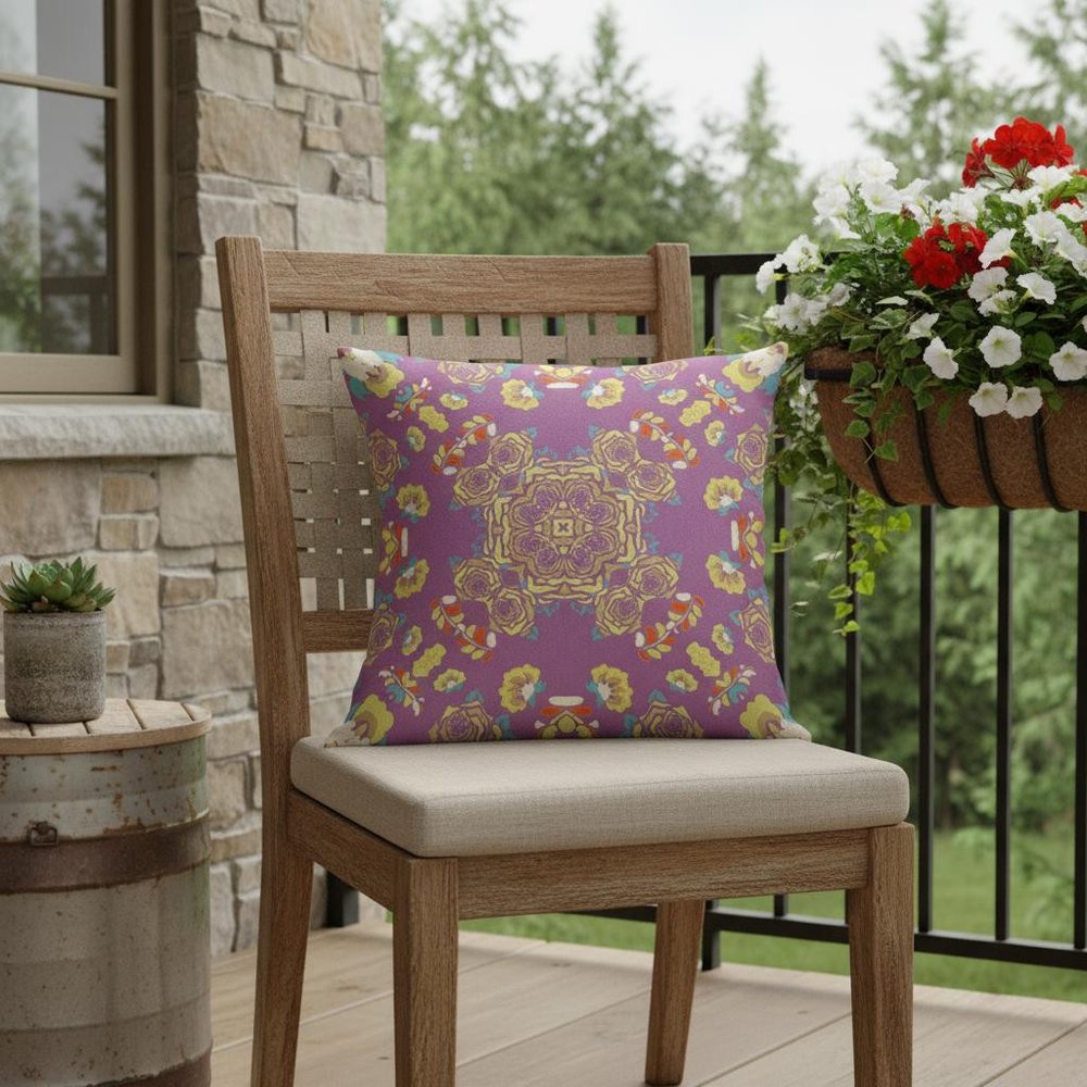 16" X 16" Purple And Yellow Broadcloth Floral Throw Pillow