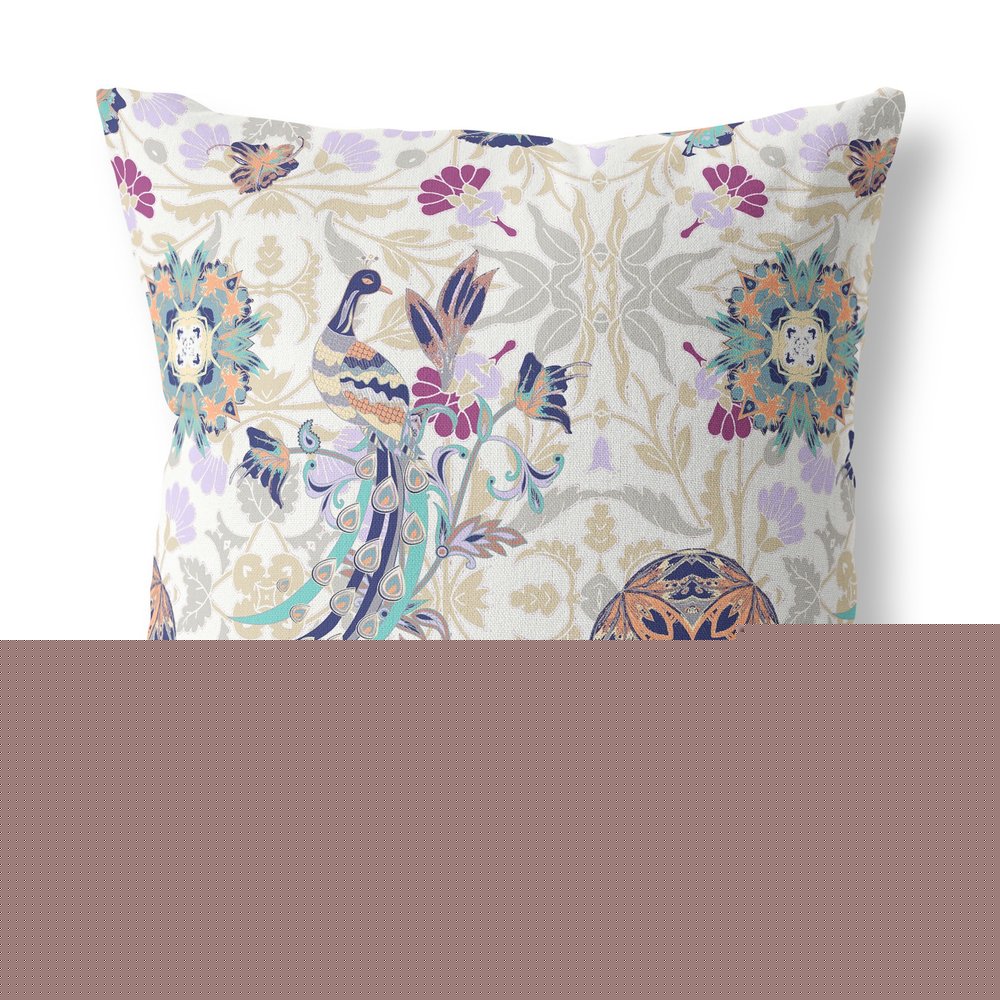 16" X 16" White And Purple Broadcloth Floral Throw Pillow