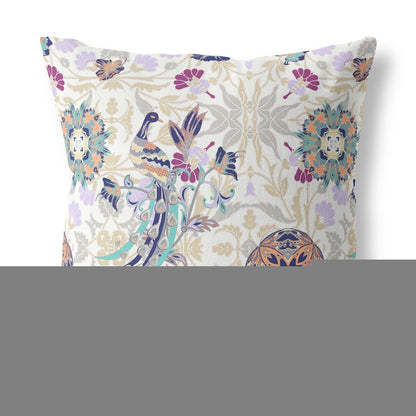 16" X 16" White And Purple Broadcloth Floral Throw Pillow