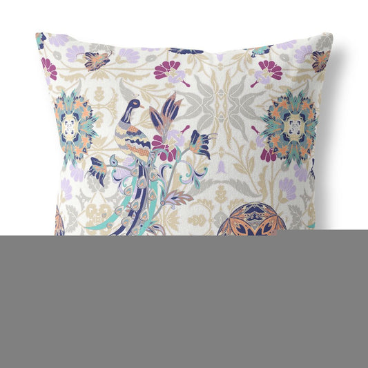 16" X 16" White And Purple Broadcloth Floral Throw Pillow