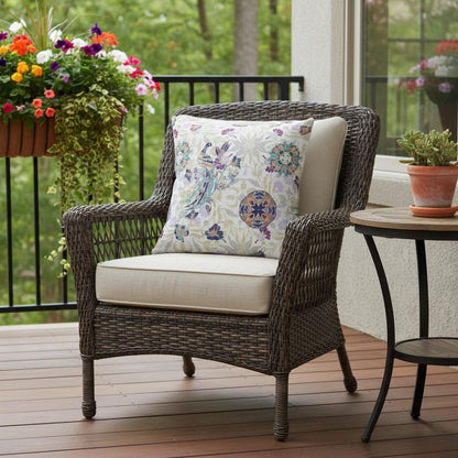 16" X 16" White And Purple Broadcloth Floral Throw Pillow