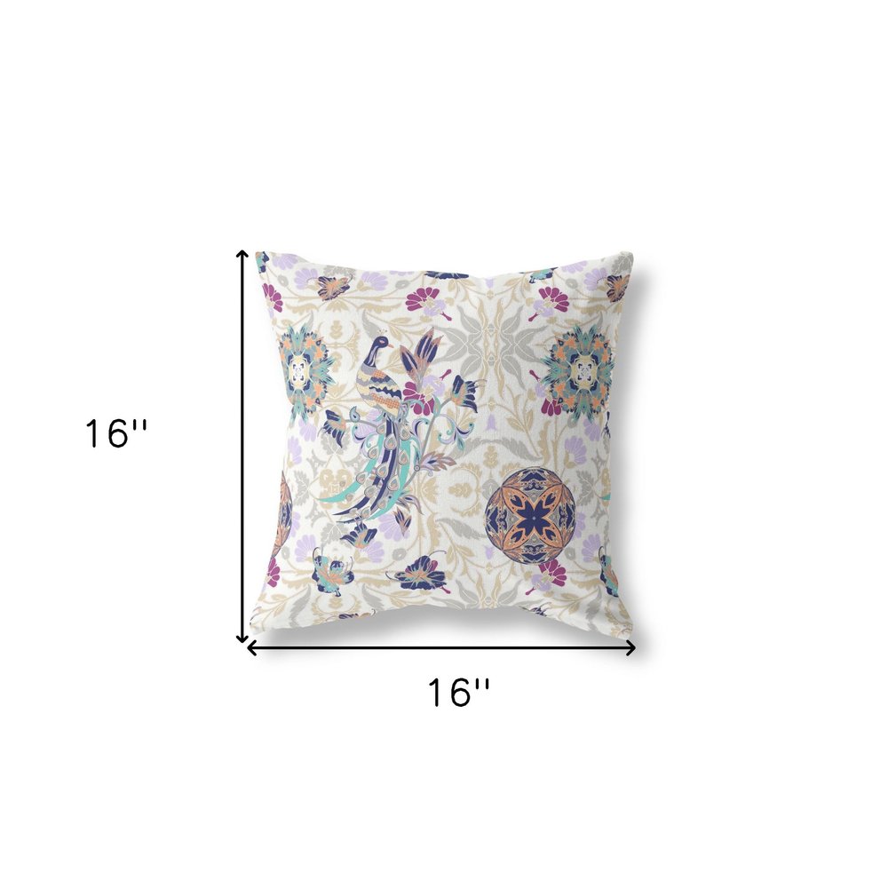 16" X 16" White And Purple Broadcloth Floral Throw Pillow